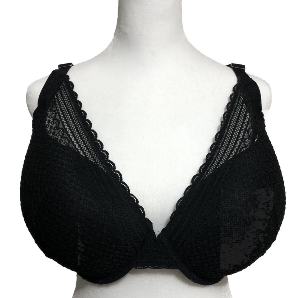 Auden 46DD Womens Black Lace Plunge T-Shirt Bra Lightly Lined Demi Underwire New